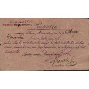 [Wojna polsko-bolszewicka] Dowództwo Wojskowego Szpitala Okręgowego. Przepustka dla sanitariuszki Marii Gornickiej. Dat. Lwów 4 IX 1920 r.