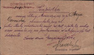 Polish-Bolshevik War] Command of the Military District Hospital. Pass for nurse Maria Gornicka. Date. Lviv 4 IX 1920.