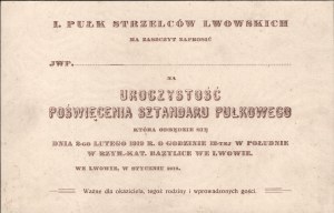1st Lviv Rifle Regiment] Invitation to the Ceremony of Consecration of the Regimental Banner, to be held on February 20, 1919 at noon in the Roman Catholic Basilica in Lviv.