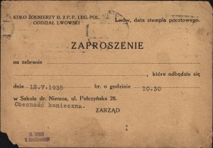2nd Infantry Regiment of the Polish Legions] Invitation to the meeting of 12 May 1935. lvov