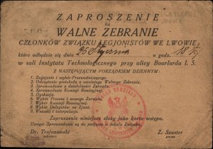Union of Legionaries in Lviv] Invitation to the General Meeting of Members of the Union of Legionaries in Lviv to be held on January 25, at 6 pm in the hall of the Technological Institute. Lviv 25 I [1934].
