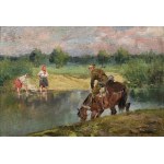 Jerzy KOSSAK (1886-1955), Ułan z koniem i dziewczyny nad rzeką