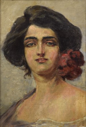 Malarz nieokreślony, XIX / XX w., Portret kobiety z czerwonym kwiatem