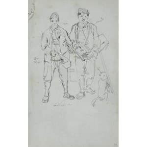 Stanisław Kaczor Batowski (1866-1945), Rysunek przedstawiający dwóch młodych mężczyzn z tobołkami (przyborami malarskimi?) i psem oraz notatki dotyczące kolorystyki