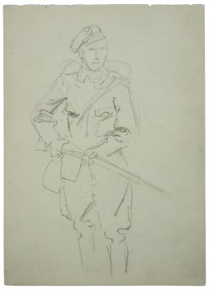 Wojciech Kossak (1856-1942), Studium ułana siedzącego na koniu [nie narysowany] z uniesioną prawą ręką [w znaku do ataku]