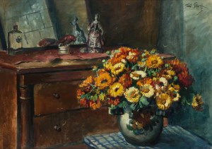 Teodor Grott (1884 Czestochowa - 1972 Krakow), Bouquet of flowers against the window (Marigolds)