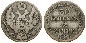 Pologne, 30 kopecks = 2 zlotys, 1836 MW, Varsovie