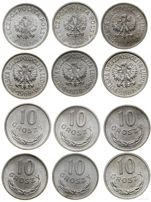 Poland, lot of 6 x 10 groszy, 2 x 1949, 1965, 1968, 1970, 1981, Warsaw