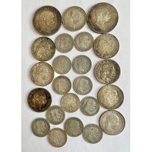 Lot 23 Coins FRANZ JOSEPH I. Silver 210g 1 and 5corona, 1 Gulden Mix