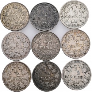 Germany empire Lot 9 coins 1/2 Mark 1905,06,09,13,14,15A,1906,15D,17G