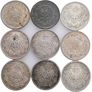 Germany empire Lot 9 coins 1/2 Mark 1905,06,09,13,14,15A,1906,15D,17G