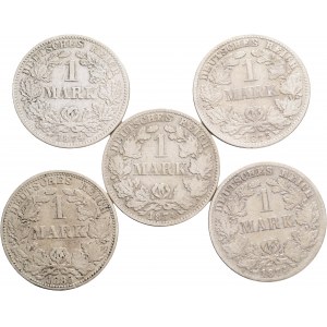 Lot 5 coins Germany empire 1 Mark 1875G,1874C,H,G,1885A WILLHELM II.