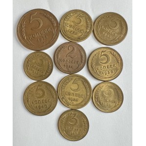 Lot 10 coins 2,3 and 5 Kopeks Soviet Union 1924-1955