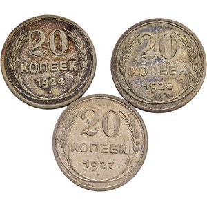 Lot 3 coins 20 Kopeks 1924,5,7 RSFSR Soviet Union