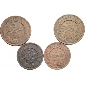 Lot 4 mince 3 kopy 1908,16 a 5 kop 1878,1911 SPB NICHOLAS II.