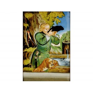 The thirsty hunter, 1st half of the 19th century, reverse glass painting