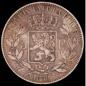 Belgia. 5 franków 1850 Bruksela Srebro