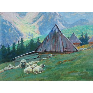 Zefir ĆWIKLIŃSKI (1871-1930), Pejzaż górski z chatami i owcami