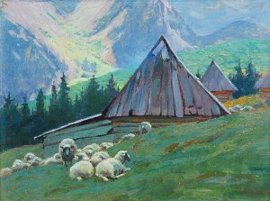 Zefir ĆWIKLIŃSKI (1871-1930), Pejzaż górski z chatami i owcami