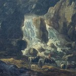 ANONIMO, Landscape with waterfall and cattle