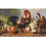 Max Hänger Senior (1874 Munich - 1941 Fürstenfeldbruck), In the backyard. A rooster and three hens