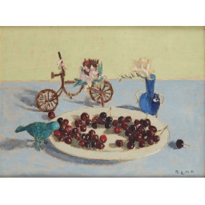 Benn Bencion Rabinowicz (1905 Białystok - 1989 Paryż), Martwa natura z talerzem wiśni i rowerkiem, 1981