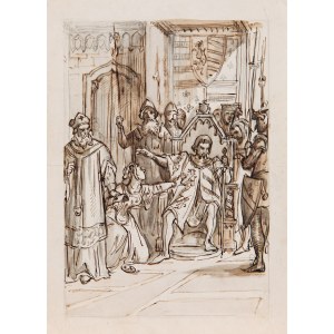 ARTIST INDEPENDENT (19th century), Medieval ruler on throne surrounded by knights. Italy? 1st half of 19th century.