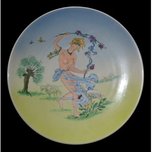 Maja BEREZOWSKA (1893-1978) - Wiosna. Patera porcelitowa ręcznie malowana (Hand painted), średnica 29 cm. Chodzież,