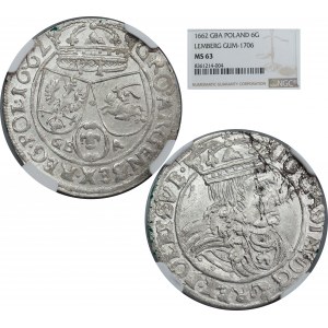 Jan II Kazimierz, Szóstak 1662 GBA, Lviv - NGC MS63 MAX