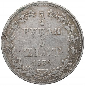 Poland under Russia, Nicholas I, 3/4 rouble=5 zloty 1836 MW, Warsaw