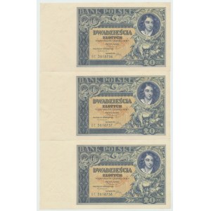 II RP, 20 złotych 1931 DT - Zestaw 3 egz. z paczki bankowej