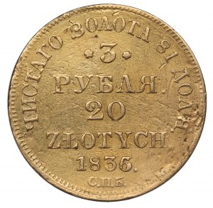 Russia, Nicholas I, 3 rouble=20 zloty 1836, Petersburg - date overstriked