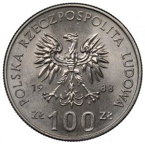 PRL, 100 złotych 1988 Jadwiga - niewidoczny znak projektanta