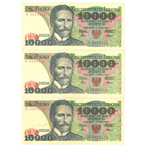 PRL, 10.000 złotych 1987 A, N, G - zestaw 3 egz.