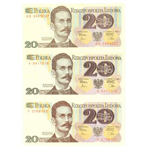 PRL, 20 gold 1982 A, F, AD - set of 3 copies.