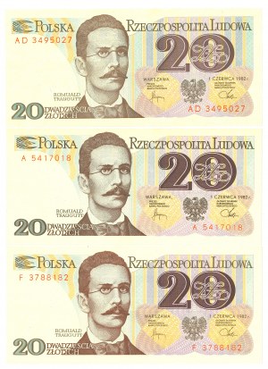 PRL, 20 gold 1982 A, F, AD - set of 3 copies.