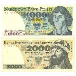 People's Republic of Poland, 1000 zloty 1975 BB and 2000 zloty 1977 B - set of 2 copies.