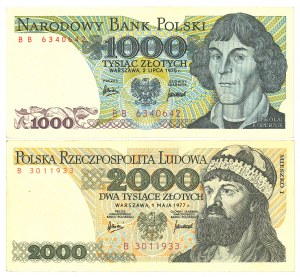People's Republic of Poland, 1000 zloty 1975 BB and 2000 zloty 1977 B - set of 2 copies.