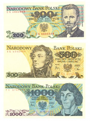 People's Republic of Poland, Set of 1982 and 1988 vintage banknotes - 3 copies.