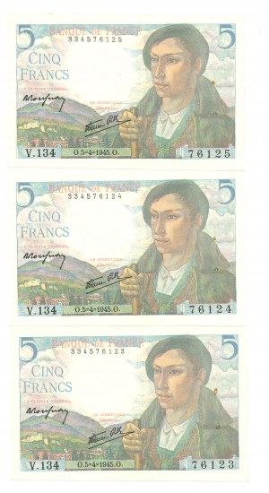 France, 5 Francs 1945 - set of 3 copies.
