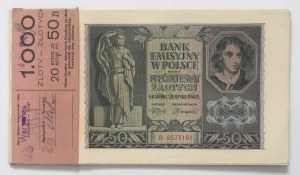 GG, 50 zlotys 1941 B - part of a bank parcel with original banderole (15 copies)