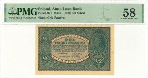 II RP, 1/2 Polish mark 1920 PMG 58
