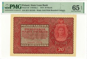 II RP, 20 Polish marks 1919 II Series EY - PMG 65 EPQ