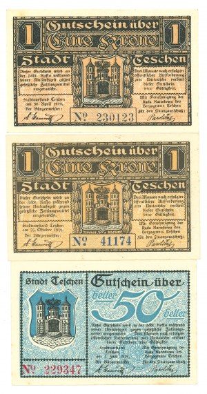 Cieszyn (Teschen), 1 crown 1919 - set of 3 copies.