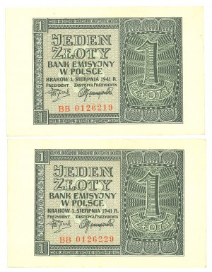 GG, 1 zloty 1941 BB - Set of 2 copies from the bank package.