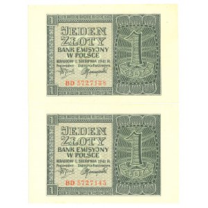 GG, 1 zloty 1941 BD - Set of 2 copies from the bank package.
