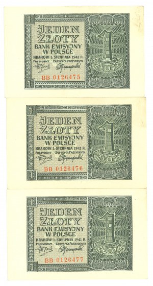 GG, 1 zloty 1941 BB - Set of 3 copies from the bank package.
