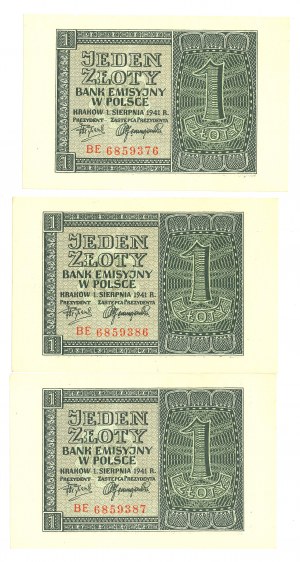 GG, 1 zloty 1941 BE - Set of 3 copies from the bank packet