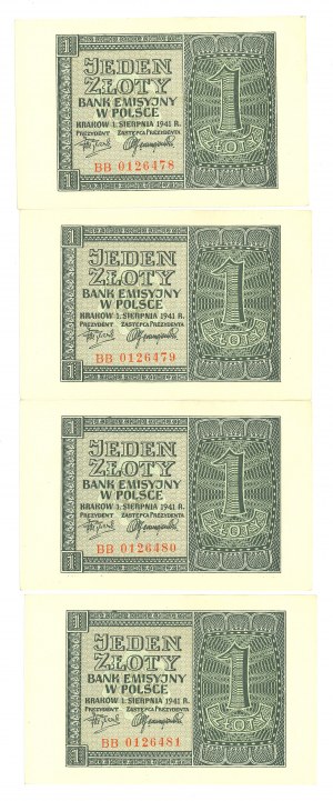 GG, 1 zloty 1941 BB - Set of 4 copies from the bank package.