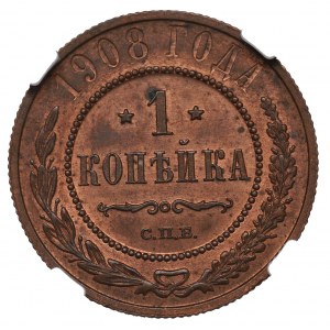 Russia, Nicholas II, 1 kopeck 1908 - NGC MS63 RB